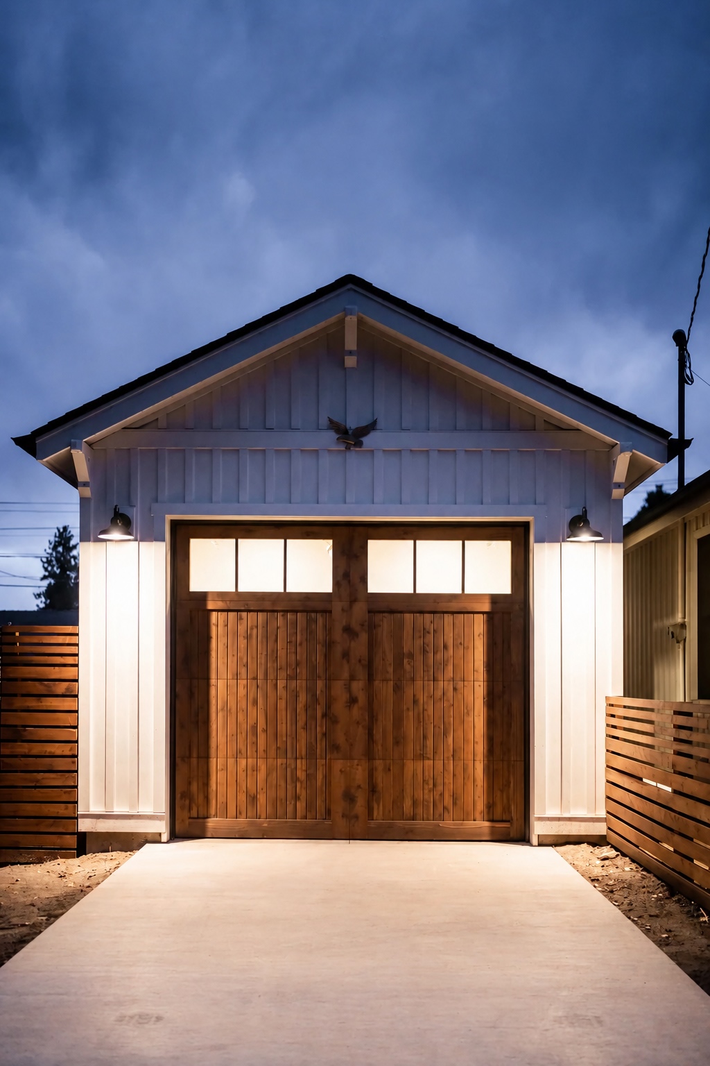 Custom garage with board-and-batten siding and cedar doors